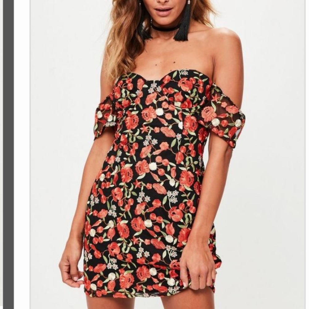 Floral embroidered Bardot mini dress